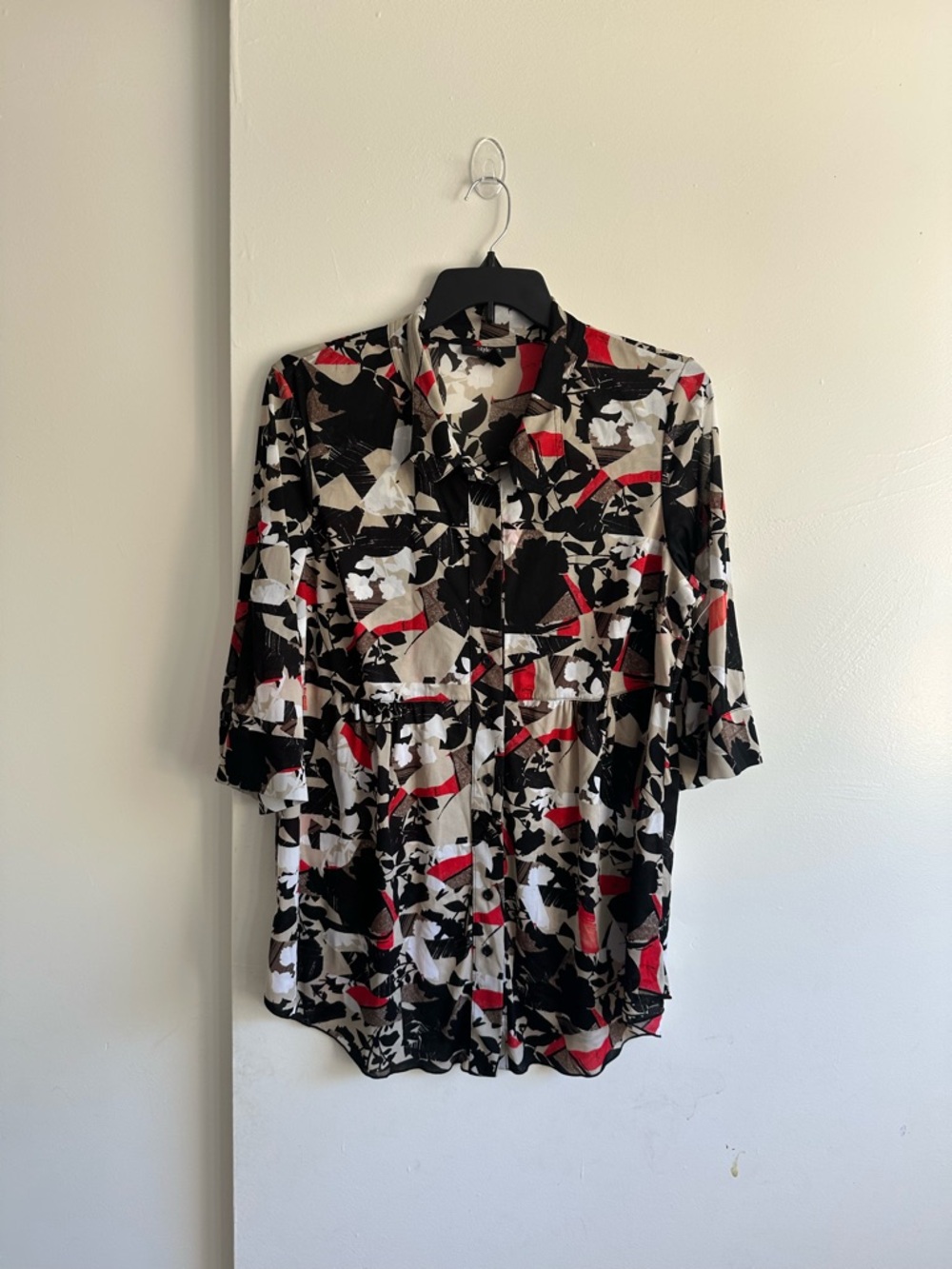 Style & Co. Abstract Print Button-Up Tunic in Black, White & Red